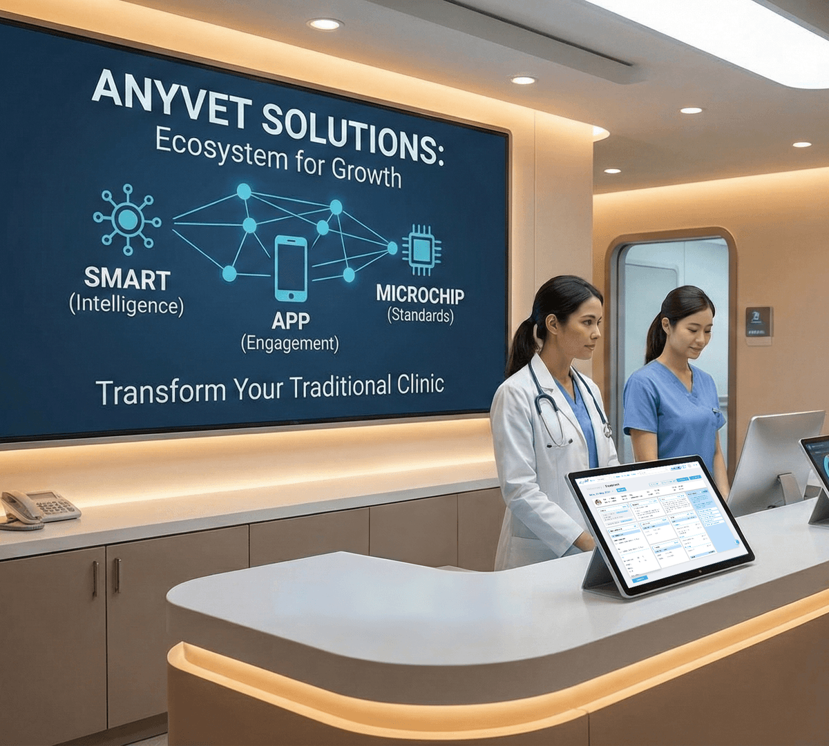 태블릿으로 진료를 통제하는 수의사