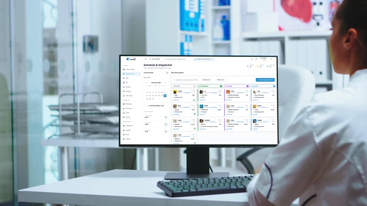 Veterinarian commanding clinic operations via tablet