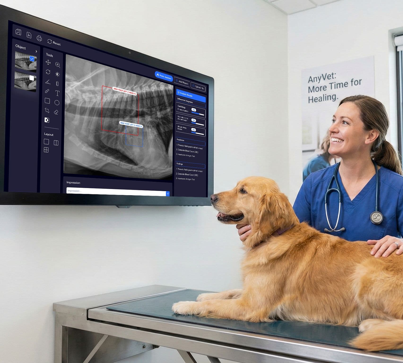 Veterinarian immersed in diagnosis alongside a tablet copilot